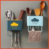 Ống đựng đũa thìa treo tường hình đám mây kèm móc treo khăn dụng cụ bếp - xanh đậm