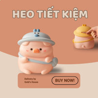 Ống heo tiết kiệm có nắp mở, mẫu heo con dễ thương đội nón, đeo túi bằng nhựa decor v.v