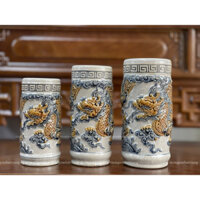 Ống Hương Bát Tràng Men Rạn Cao Cấp - Song Long Chầu Nguyệt Và Sen Liên Hoa Cát Tường - Cao 17cm-23cm