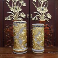 Ống hương Bát Tràng men rạn đắp nổi rồng dát vàng cao 22 cm