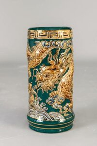 Ống hương Bát Tràng men xanh lục bảo bảo đắp nổi rồng vẽ vàng cao 20 cm