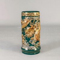 Ống hương gốm sứ Bát Tràng rồng men sứ xanh lục bảo đắp nổi vẽ vàng
