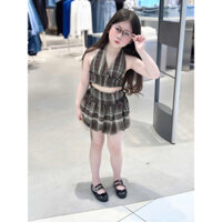 Ong Kis Áo bo cổ yếm dây buộc kèm váy quần bí ngô hoạ tiết kẻ thô cho bé gái 10-30kg