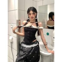 Oniii Mỹ Retro Đen Trắng Khâu Một Vai Ngắn Tay Nữ 2025 Xuân Hè Phong Cách Mới Hot Girl Gợi Cảm Ngắn Top