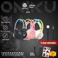 ONIKUMA X15 Pro Pink Cat Gaming Headphones Surround Sound 3D Noise-cancelling Microphone RGB Light Comfortable for PC/iPad/Phone