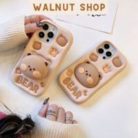 Ốp cao su kute gấu bear nâu kèm pop loại 1 (phồng vân nổi sinh động) || ốp cao su kute chống bẩn từ ip6+ -- ip15 promax