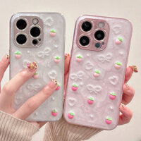 Ốp Điện Thoại Cho iPhone 16 Pro Max Plus 15 14 13 12 11 Bảo Vệ Ống Kính 3D Ngọc Trai Nơ Dâu Nữ Vỏ Điện Thoại