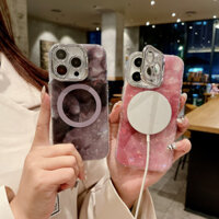 Ốp điện thoại cứng IMD họa tiết vỏ sò sang trọng với giá đỡ ống kính từ tính cho iPhone 16 Pro Max 15 14 13 12 Pro Max Plus 11, bảo vệ ống kính lấp lánh, chống rơi