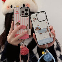 Ốp điện thoại da chó hoạt hình dễ thương – Dây đeo tay nhẹ + Bùa bóng mờ cho iPhone 14 / 15 / 16 ProMax 13ProMax 13 1 4 15 16