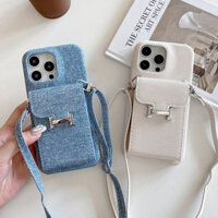 Ốp điện thoại Denim dây đeo chéo cho iPhone 16 Pro Max 15 13 14 Pro 12 11 XR XS Max 7 8 Plus w / Giá đỡ thẻ RFID