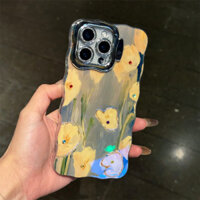 Ốp điện thoại di động Apple 16promax Tranh sơn dầu Hoa Xanh Hàn Quốc giá đỡ 14 viền sóng iPhone15 13