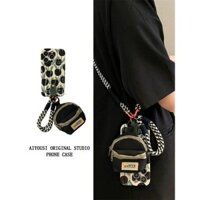 Ốp điện thoại di động hoa đen trắng có túi đeo chéo cầm tay dây đeo điện thoại phù hợp với Apple 16 15 14 13 12 11 X Pro Max