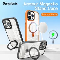 Ốp điện thoại đứng từ tính Sanptoch Armor cho iPhone 15 14 13 Pro Max Tương thích rõ ràng với Magneti có giá đỡ & giá đỡ nhẫn cho iPhone 15 Pro Max P chống sốc cấp quân sự