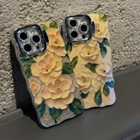 Ốp điện thoại giá đỡ tranh sơn dầu viền sóng phù hợp cho iPhone 16 16 Pro 16 Pro Max 15 Pro 15 Max 14 14pro 13 12 Pro Max màu xanh chấm kim cương mềm vỏ điện thoại silicon