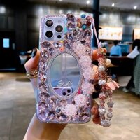Ốp điện thoại gương đá sáng bóng kim cương lấp lánh thời trang cho IPhone 14 15 16 Pro Max IP 11 12 13 Pro Max Bling Crystal Dây đeo cổ tay Bìa cứng có dây chuyền
