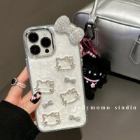 Ốp Điện Thoại Hello Kitty Nơ Kim Cương Dễ Thương Sang Trọng Cho IPhone 16 Pro Max 15 14 13 12 11 16 Plus Vỏ Chống Sốc Bảo Vệ Ống Kính Máy Ảnh Mặt Mềm Ốp Lưng Cứng IPhone