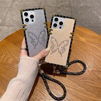 Ốp điện thoại hình con bướm pha lê kim cương Bling sang trọng Samsung Galaxy S23 Ultra S23 + S23FE A22 A32 A51 A71 A72 A13 A14 4G 5G Note 20 Vỏ chống sốc siêu vuông có dây treo