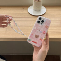 Ốp điện thoại hình gấu Cherry Bear tương thích với iPhone 16 Pro Max, iPhone 14/13, bảo vệ toàn diện, phong cách Hàn Quốc 12, dây chuyền 15P