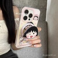 Ốp điện thoại hình hoạt hình dễ thương Chibi Maruko-chan với giá đỡ từ tính, tương thích với iPhone 15 Pro Max, ốp điện thoại từ tính chống sốc 14, 13, 12, 11, lỗ lớn X XR Xs Max XTTG
