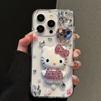 Ốp điện thoại hình mèo HelloKitty KT sáng bóng bằng kim cương giả sáng bóng cho IPhone 11 12 13 14 15 Pro Max Tương thích với IP 7 8 Plus XR X XS Max Long lanh kim cương cứng trong suốt