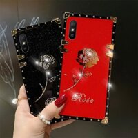 Ốp Điện Thoại Hình Vuông Họa Tiết Hoa Hồng Vân Kim Cương Sang Trọng Chống Sốc Cho Xiaomi Redmi 9A 9C 9T Mi POCO M3