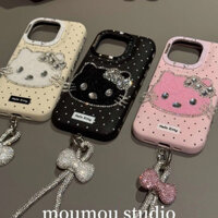 Ốp điện thoại iPhone có dây đeo tay Mèo Đính Kim Cương chấm bi dùng cho 16/15/14/13/12