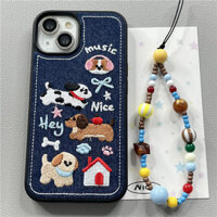 Ốp điện thoại iPhone hình chó con thêu màu xanh denim cổ điển Dây Xích Chống rơi 16promax/15/14/13/12
