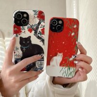 Ốp điện thoại iPhone hình mẫu đơn Trung Quốc cho mèo đen nhỏ IP16 In màu 15 trọn gói 13 giờ chiều Vỏ bảo vệ màu đỏ da cừu TPU
