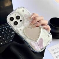 Ốp Điện Thoại Kem Bướm Laser Lấp Lánh Cho iPhone 16 15 Pro Max X XR XS 11 12 13 14 Pro Max Plus Bling Kim Cương Trái Tim Gương Trang Điểm Chống Sốc Ốp Lưng TPU Mềm