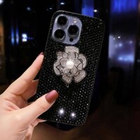 Ốp Điện Thoại Kim Cương Giả Đen Thời Trang Cho IPhone 16 Pro Max 16e IP 15 Plus 14 13 12 11 Pro Max SE4 PM 14Promax Ốp Kim Cương Lấp Lánh Với Dây Xích Pha Lê