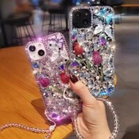 Ốp Điện Thoại Kim Cương Hoa Hồng 3D Bướm Bling Cho iPhone 16 15 14 13 12 11 Pro Max 16Plus XR 7Plus 8 Plus Vỏ Có Dây Xích