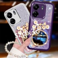 Ốp Điện Thoại Mềm Gắn Gương Hình Hoa 3d Phối Kim Tuyến + Dây Đeo Cho xiaomi 13t pro redmi 13c 12c poco c65 x5 pro 4g 5g 2023