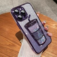 Ốp điện thoại mềm hình cốc trà sữa lấp lánh cho iPhone 16 15 14 13 12 11 Pro Max có màng ống kính