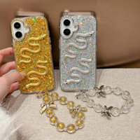 Ốp Điện Thoại Rắn Đá Lấp Lánh Tương Thích Với IPhone 15 16 Pro Max Cho IP 14 Promax 13 PM Vỏ Bảo Vệ Chống Sốc Cứng Sáng Bóng Có Dây Xích Tay