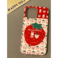 Ốp điện thoại thỏ Miffy dâu tây cho iPhone 16 màu trắng lỗ lớn 15 14/13 Pro Max 12/11 bóng