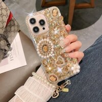 Ốp Điện Thoại Tpu Kim Cương Giả Ngọc Trai Lấp Lánh Dây Đeo Chuỗi Cho IPhone 14 Pro Max IP 16 15 11 12 13 Pro Max 7 8 Plus XR X XS Max