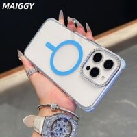 Ốp điện thoại từ tính chống rơi bốn góc MAIGGY cho iPhone 16 15 14 13 Pro Max Full Diamond Mirror Ring Acrylic Case Cover