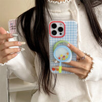 Ốp điện thoại từ tính màu xanh và trắng kẻ ô cho iPhone 16 14 Pro Max 13 dễ thương 15 có chân đế cho nữ chống rơi