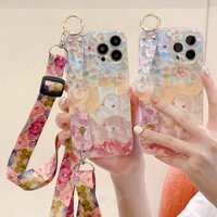 Ốp điện thoại tương thích với Xiaomi 13 Lite, màu xanh, đính đá, họa tiết hoa, dây đeo cổ tay, giá đỡ, đeo chéo