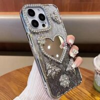 Ốp Gương Trang Điểm Bướm Kim Cương Cho iPhone 16 Pro Max Trái Tim Cho iPhone 15 Pro 14 13 12 11 Nước gợn Lấp Lánh Trường Hợp