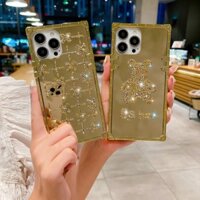 Ốp Gương Trang Điểm iPhone 16 15 14 13 12 11 Pro Max 13 Mini XS Max XR SE2 i8 i7 i6 Plus Vỏ Điện Thoại Chống Sốc Vuông Vàng Thời Trang Sang Trọng