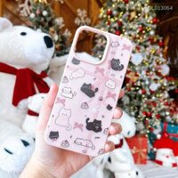 Ốp iPhone 12/12 Pro giả da dẻo nhiều mèo nơ hồng