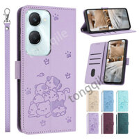 Ốp Lật Cho Vivo Y03t Y28s Y18 Y18s Y 18 18s Y03 4G 5G 2024 Vỏ Điện Thoại Da Sang Trọng Khe Cắm Thẻ Ví Họa Tiết Mèo Đứng Chống Sốc Ốp Lưng Chống Rơi Dây Buộc