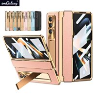 Ốp lưng bằng da trơn bản lề làm phẳng cho samsung galaxy z fold 4 3 vỏ 5g có kính cường lực cho z fold4 fold3 case (vàng hồng)