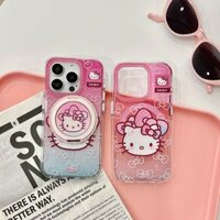 Ốp Lưng Cho IPhone 13 14 15 16 Pro Max IMD Pink Bow Hello Kitty Cat Giá Đỡ Từ Tính Acrylic Cứng Chống Sốc Vỏ Điện Thoại