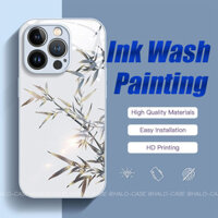 Ốp lưng cho iPhone 16 Pro Max 15Promax 14promax 13 12 11promax Mặt lưng kính Khung mềm Sơn phun hiệu ứng kim loại Vỏ cứng "Phong cách mực rửa tre" Hồng Bạc Xanh Đơn giản