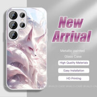 Ốp lưng cho Samsung Galaxy S25Ultra S24Ultra S23 Ultra S23FE S22Ultra A55 A54 A53 A52 mặt lưng kính khung mềm sơn phun hiệu ứng kim loại vỏ cứng hình cáo chín đuôi màu hồng bạc