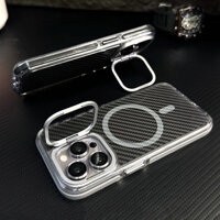 Ốp lưng cứng Acrylic họa tiết sợi Carbon cho iPhone 15 14 13 12 Pro Max iPhone 11 có giá đỡ ống kính kim loại Hút từ tính cho túi khí sạc không dây Vỏ bảo vệ chống rơi