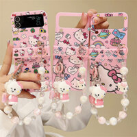 Ốp lưng cứng hình mèo KT Hello Kitty hoạt hình Tương thích cho Samsung Galaxy Z Flip 6 / 5 / 4 / 3 Vỏ chống sốc Vỏ điện thoại gấp có mặt dây chuyền vòng tay