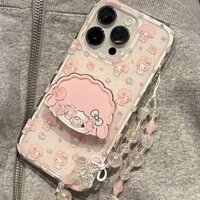 Ốp lưng hoạt hình My Melody Shaker có dây đeo tương thích với iPhone 14 Pro Max 13/Ốp chống rơi 12/Ốp mềm chống sốc 11 15/Lỗ lớn 16 Pro UQXH